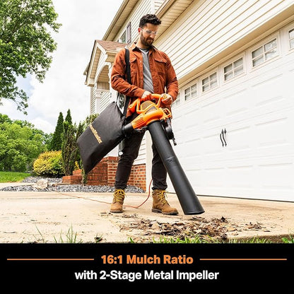 LawnMaster BV1210 Electric Blower Vacuum Mulcher 12 Amp 2-Speed Adjustment with Metal Impeller 240 MPH 380 CFM 16:1 Mulch Ratio