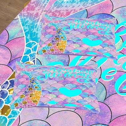 NINENINE Rainbow Mermaid Bedding Twin Princess Comforter Sets for Teens Girls,Blue and Purple Glitter Bedding Sets,Sparkly Fish Scales Comforter Sets with 1 Comforter 1Pillowcase