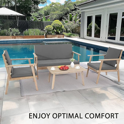 VINGLI Outdoor Patio Furniture, 4 Piece Acacia Wood Sofa Set w/Coffee Table, Patio Table and Chairs Set for Deck, Balcony, Backyard (Light Natural)