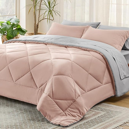 Bedsure Blush Pink Queen Comforter Set - 7 Pieces Reversible Queen Bed in a Bag Queen Bed Set with Comforters, Sheets, Pillowcases & Shams, Queen Bedding Sets