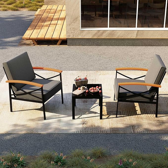 Shintenchi 3 Piece Metal Outdoor Patio Furniture Set, Modern Outdoor Metal Chairs Conversation Furniture Set with Coffee Table for Patio,Backyard,Balcony, Poolside (Dark Grey)