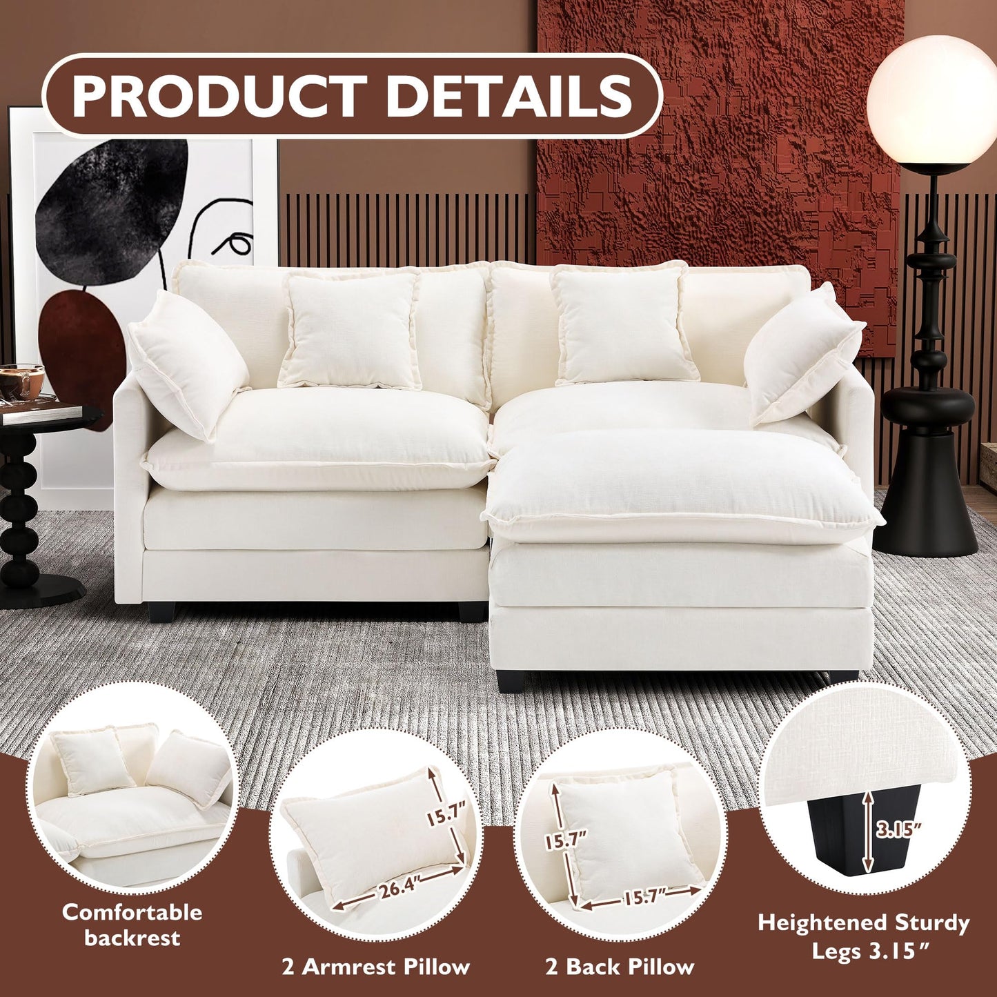 Ihanherry 111.4" L Shaped Modern Sofa Modular Sectional Cloud Couch with Ottoman, 4-Seat Chenille Deep Seat Sofa with Pillow for Living Room, Bedroom and Apartment, Beige