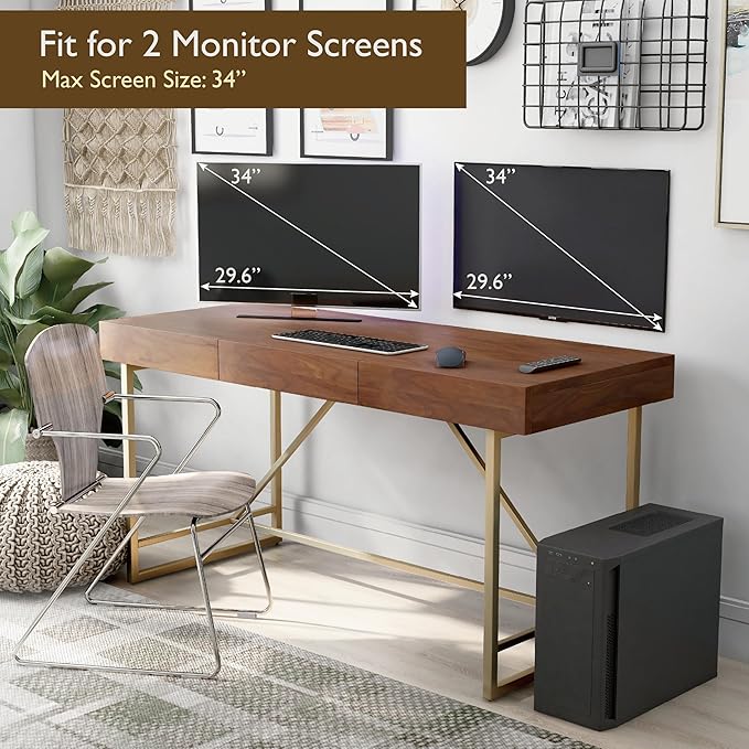 Lizon Modern 60 Inch Wood Desk with Drawers, Office Table with Storage, Vanity Without Mirror for Bedroom, Study Room, Dorm, 60-inch, Light Walnut Brown and Gold