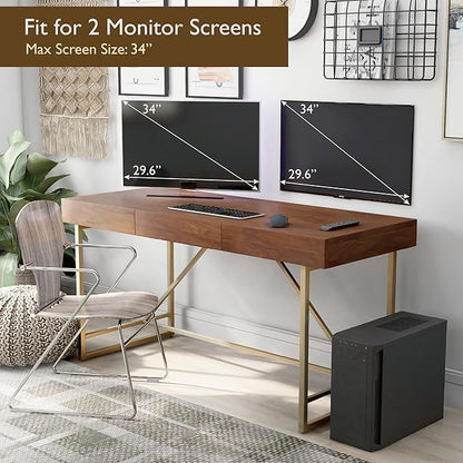 Lizon Modern 60 Inch Wood Desk with Drawers, Office Table with Storage, Vanity Without Mirror for Bedroom, Study Room, Dorm, 60-inch, Light Walnut Brown and Gold