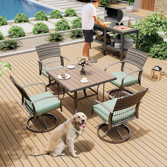 Pamapic 5 Piece Patio Dining Set for 4,Wicker Outdoor Furniture Set for Backyard Garden Deck Poolside with Square Plastic-Wood Table Top,4 Cushions Swivel Rocker Chairs,Removable Cushions(Green)