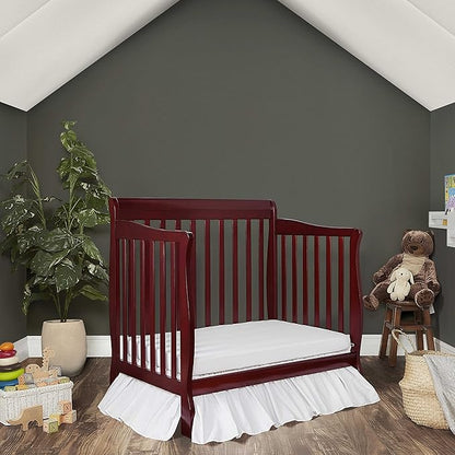 Aden 4-in-1 Convertible Mini Crib In Cherry, Greenguard Gold Certified, Non-Toxic Finish, New Zealand Pinewood, With 3 Mattress Height Settings