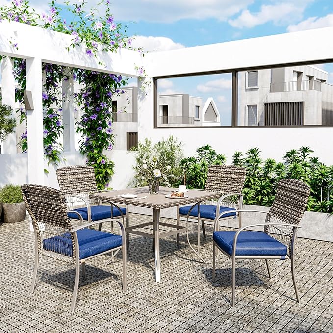 Pamapic Patio Table and Chairs Set, All-Weather Rattan Outdoor Table and Chairs with Removable Waterproof Cushions, Plastic-Wood Patio Dining Set for 4 with Umbrella Hole(Blue)