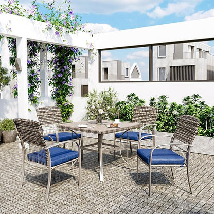 Pamapic Patio Table and Chairs Set, All-Weather Rattan Outdoor Table and Chairs with Removable Waterproof Cushions, Plastic-Wood Patio Dining Set for 4 with Umbrella Hole(Blue)