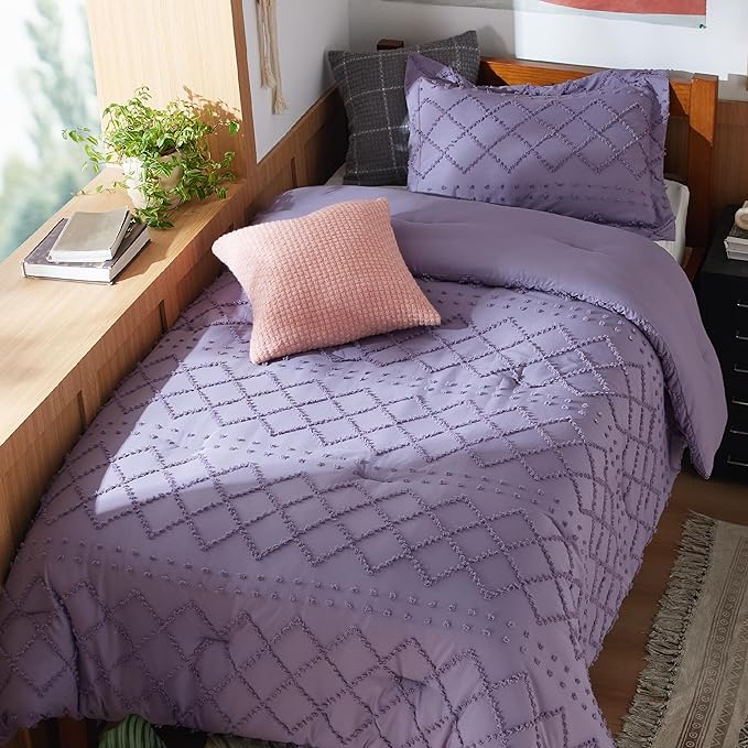Bedsure Twin/Twin XL Comforter Set - Grayish Purple Boho Twin Extra Long Comforter Set for College, Shabby Chic Dorm Bedding Set, 2 Pieces Modern Farmhouse Bed Set, includes 1 Pillow Sham