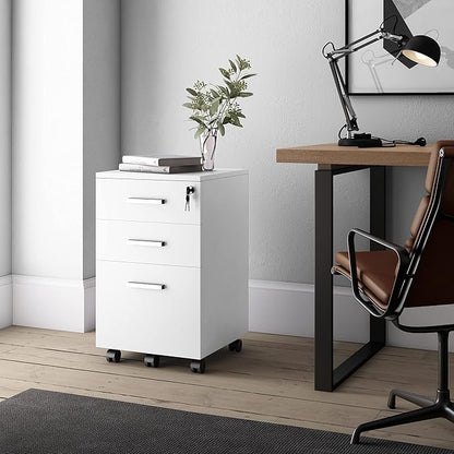 Lazio 26 Inch File Cabinet with Lock - Filing Cabinet for Home and Office - 3 Drawer File Cabinet with Wheels for A4 Sized Letters/Documents, Legal Sized Documents, Hanging File Folders - White/White