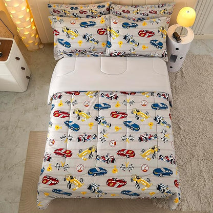 Mooreeke Full Size Comforter Sets for Boys Kids, 8 Pieces Bed in a Bag Racing Car Bedding Comforter Sheet Set with Shams and Decorative Toy Pillow, Ultral Soft Microfiber Kids Bed Set