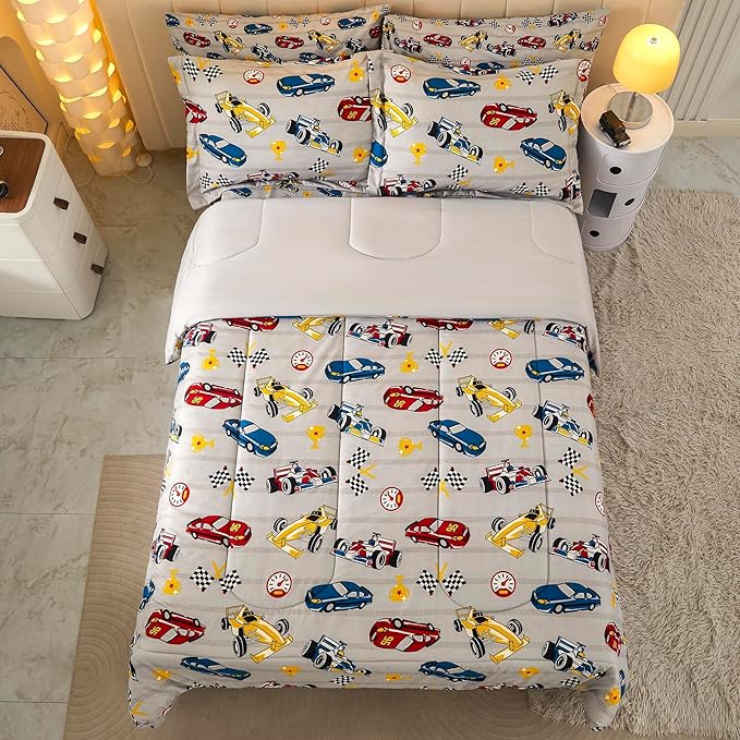 Mooreeke Queen Size Comforter Sets for Boys Kids, 8 Pieces Bed in a Bag Racing Car Bedding Comforter Sheet Set with Shams and Decorative Toy Pillow, Ultral Soft Microfiber Kids Bed Set