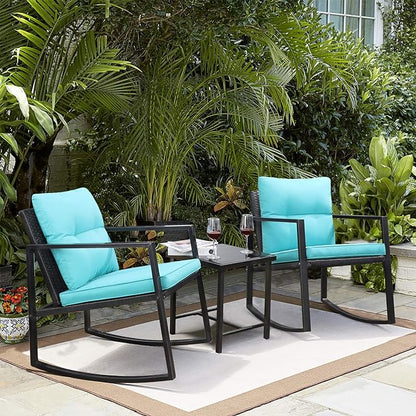 Greesum 3 Piece Rattan Patio Furniture Set with Rocking Chairs, Glass Table and SOLPEX 16 Pack Solar Deck Lights for Outdoor Stairs, Fence and Pathway