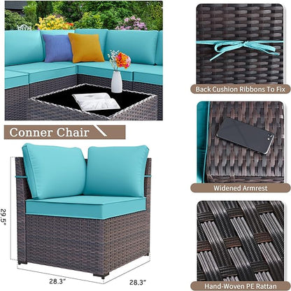 Patio Furniture Set Sofa 6-Piece Wicker PE Rattan Sectional Sofa Set, Outdoor Furniture Patio Conversation Sofa Set with Glass Coffee Table, Blue