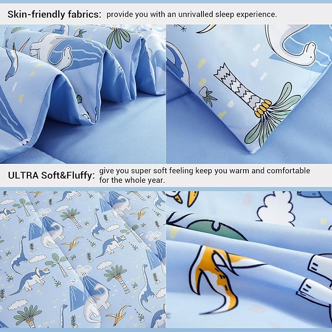 Mooreeke Kids Comforter Bed Set Full Size for Boys, 8 Pieces Bed in a Bag with Shams, Sheet Set and 1 Decorative Toy Throw Pillow, Dinosaur Blue Super Full Soft Microfiber Kids Comforter Bedding Set