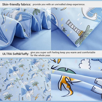 Mooreeke Kids Comforter Bed Set Full Size for Boys, 8 Pieces Bed in a Bag with Shams, Sheet Set and 1 Decorative Toy Throw Pillow, Dinosaur Blue Super Full Soft Microfiber Kids Comforter Bedding Set