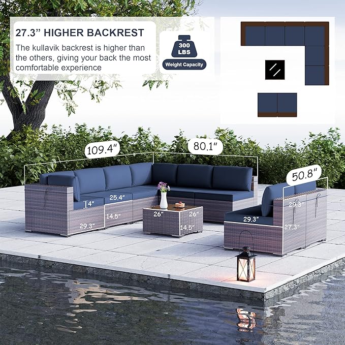 Kullavik 9PCS Outdoor Patio Furniture Set PE Wicker Rattan Sectional Sofa Patio Conversation Sets,Navy blue