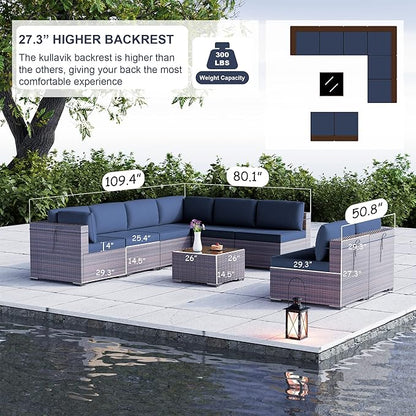 Kullavik 9PCS Outdoor Patio Furniture Set PE Wicker Rattan Sectional Sofa Patio Conversation Sets,Navy blue