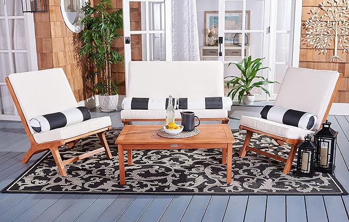 Safavieh PAT7044C Outdoor Collection Chaston Natural and Beige 4-Piece Black & White Pillows Patio Set