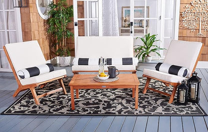 Safavieh PAT7044C Outdoor Collection Chaston Natural and Beige 4-Piece Black & White Pillows Patio Set