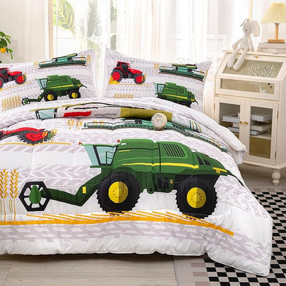 CVHOUSE Bedding Set for Boys, Tractor Comforter Twin, Cartoon Truck Quilt Set with 1 Comforter and 2 Pillow Cases- 3 Piece