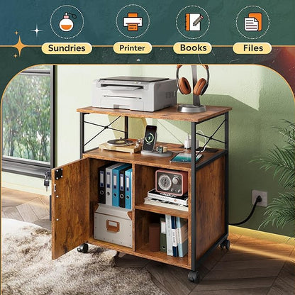 DEVAISE File Cabinet with Charging Station, Lockable Lateral Filing Cabinets for Home Office, Printer Cabinet Accommodates A4/Letter size file folders, Rustic Brown