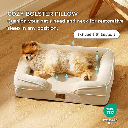 Bedsure Small Orthopedic Dog Bed - Washable Bolster Dog Sofa Beds for Small Dogs, Supportive Foam Pet Couch Bed with Removable Washable Cover, Waterproof Lining and Nonskid Bottom Couch, Light Khaki