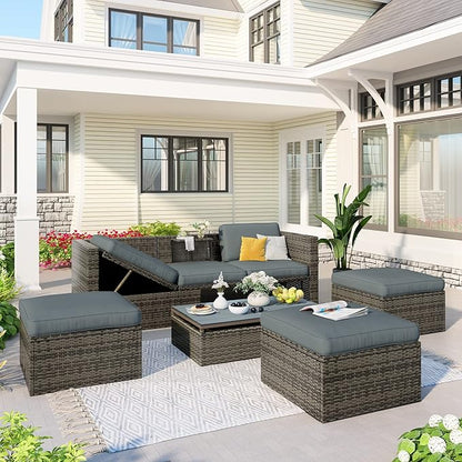 5 Pieces Patio Furniture Sets All Weather Wicker Rattan Sectional Sofa Outdoor Conversation with Adustable Backrest, Cushions, Ottomans and Lift Top Coffee Table for Poolside, Garden, Backyard