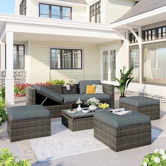 5 Pieces Patio Furniture Sets All Weather Wicker Rattan Sectional Sofa Outdoor Conversation with Adustable Backrest, Cushions, Ottomans and Lift Top Coffee Table for Poolside, Garden, Backyard