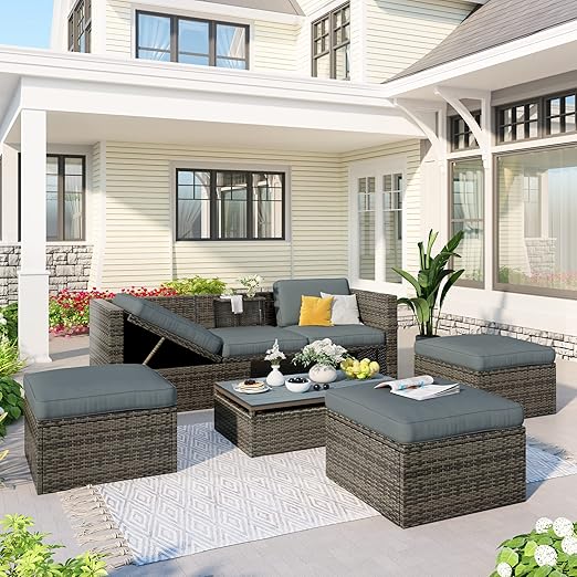 5 Pieces Outdoor Patio Sectional Sofa Couch, PE Wicker Furniture Conversation Sets with Adustable Backrest & Washable Cushions & Ottomans & Glass Coffee Table for Garden, Poolside, Backyard
