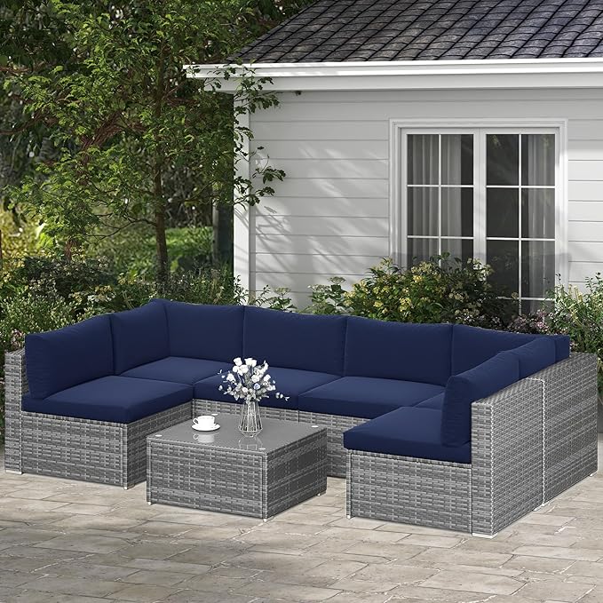 SUNVIVI OUTDOOR 7 Piece Patio Furniture Sets All Weather Grey PE Wicker Couch Sofa with Glass Table, Removable Navy Blue Cushions