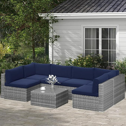 SUNVIVI OUTDOOR 7 Piece Patio Furniture Sets All Weather Grey PE Wicker Couch Sofa with Glass Table, Removable Navy Blue Cushions