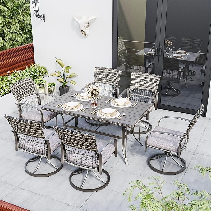 Pamapic 7 Piece Patio Dining Set for 6,Wicker Outdoor Furniture Set for Backyard Garden Deck Poolside with Iron Slats Table Top,6 Cushions Swivel Rocker Chairs,Removable Cushions(Gray)