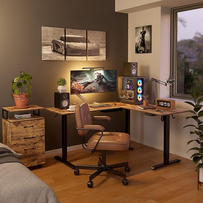 FEZIBO L Shaped Standing Desk Adjustable Height, 63 Inch Electric Stand up Corner Computer Desk, Sit Stand Home Office Desk with Splice Board, Rustic Brown Top/Black Frame