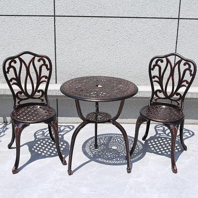 3 Piece Bistro Set,Outdoor Patio Set,Anti-Rust Cast Aluminum Bistro Table Set for Park Yard Front Porch Furniture(New Brown)…