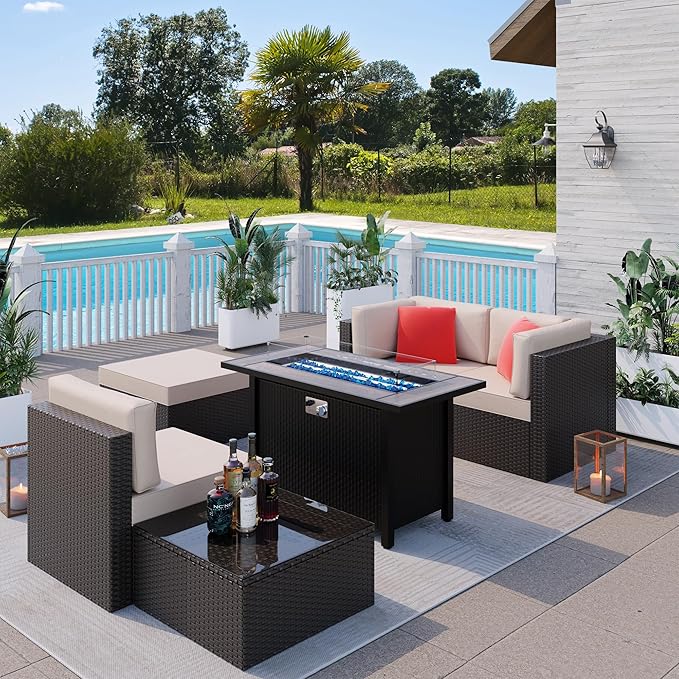 Shintenchi 6 Pieces Patio Furniture Sets w/Fire Pit Table, Outdoor Conversation Set w/50,000 BTU Steel Gas Fire Pit, Beige Patio Rattan Sectional Sofa Set w/Brown Top Fire Pit