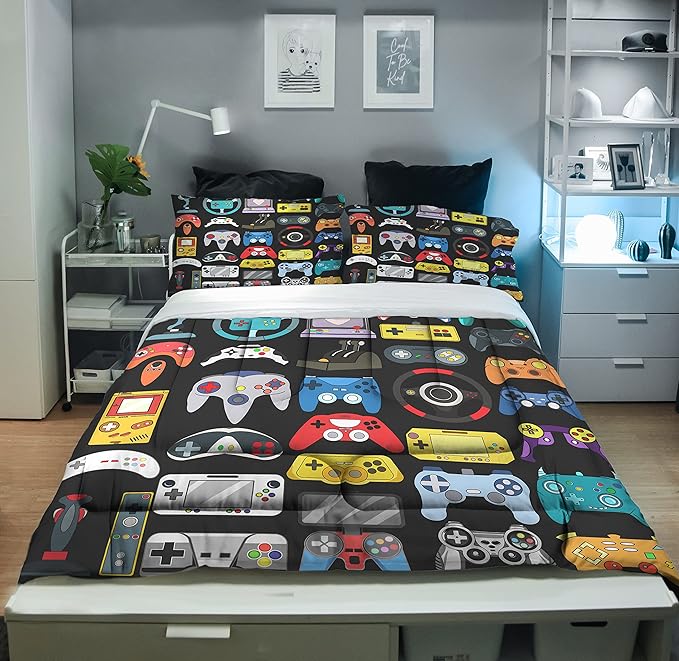 Sunnycitron Gamer Bedding Set, Twin Comforter, 100% Microfiber, 3Pcs, Game2-2, Boys Bedroom Decor, Gaming Room Decor, All Seasons, Machine Wash