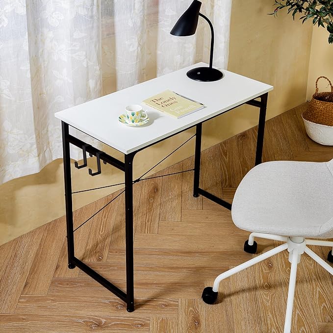 TEAMIX White Compact Computer Desk 32'' Study Writing Desk for Home Office Mini Laptop Desk with Hooks Small Spaces Heavy-Duty Steel Legs