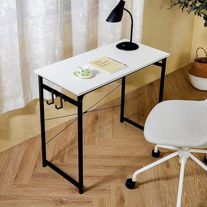 TEAMIX White Compact Computer Desk 32'' Study Writing Desk for Home Office Mini Laptop Desk with Hooks Small Spaces Heavy-Duty Steel Legs