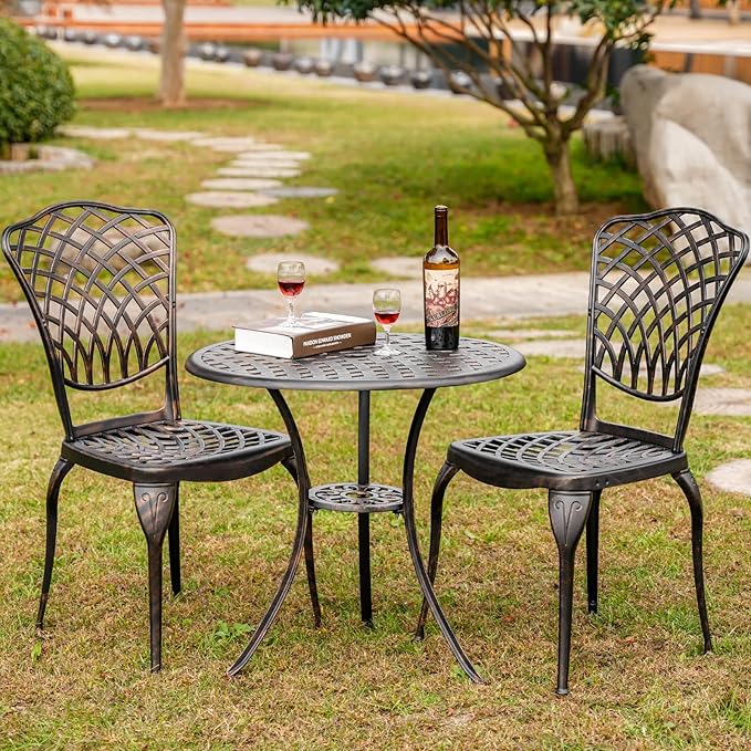 Patio Bistro Set 3 Piece Outdoor Cast Aluminum Bistro Table and Chairs Set of 2 with 1.97" Umbrella Hole,All Weather Outdoor Bistro Set for Front Proch Set (Bronze)