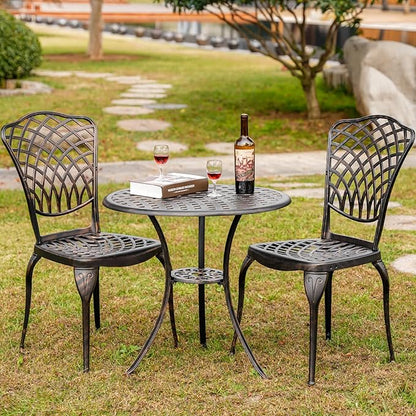 Patio Bistro Set 3 Piece Outdoor Cast Aluminum Bistro Table and Chairs Set of 2 with 1.97" Umbrella Hole,All Weather Outdoor Bistro Set for Front Proch Set (Bronze)