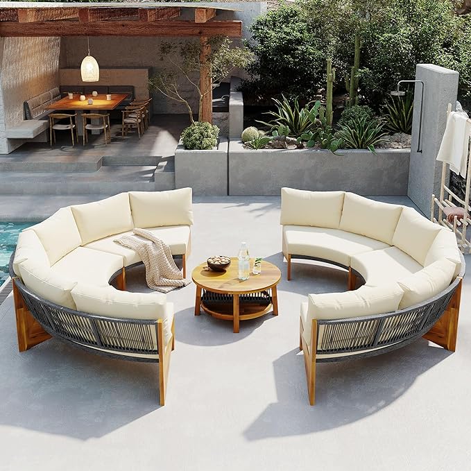 Merax Outdoor Sectional Patio Furniture Sets, Half Moon All Weather Wicker Seating Group, with Cushions and Round Coffee Table, Beige
