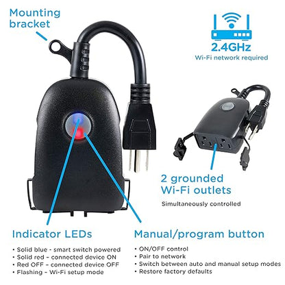 Enbrighten Vibe Outdoor Smart Plug, 2 Grounded Outlets, Weather-Resistant, Custom ON/Off Controls, Schedule Outdoor Lighting, Compatible with Alexa, Google Assistant, Black, 51251