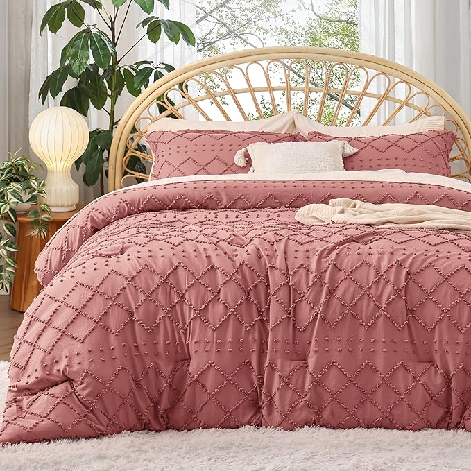 Bedsure King Size Comforter Set - Pink Clay Boho Comforter, Tufted Shabby Chic Bedding Comforter Set, 3 Pieces Vintage Farmhouse Bed Set for All Seasons, Fluffy Soft Bedding Set with 2 Pillow Shams