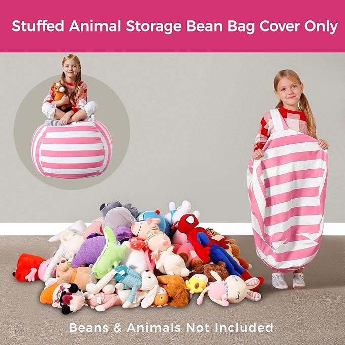 Aubliss Stuffed Animal Bean Bag Storage Chair, Beanbag Covers Only for Organizing Plush Toys, Turns into Bean Bag Seat for Kids When Filled, Medium 32"-Canvas Stripes Pink/White