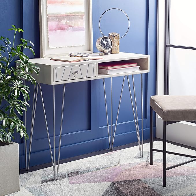 Safavieh Home Office Collection Marigold White Wash and Silver 1-Drawer Hairpin Leg Desk, 0