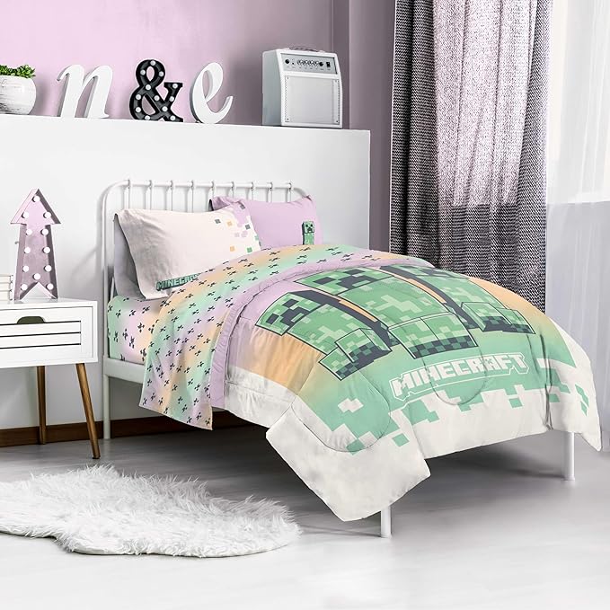 Minecraft Creeper Twin Comforter Set - 5 Piece Bedding includes Sheet Set & Pillow Covers - Super Soft Pink & Green Kids Bedding