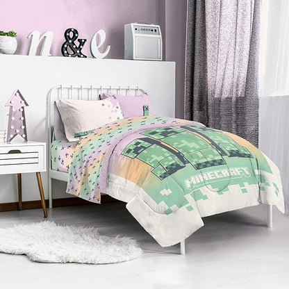 Minecraft Creeper Twin Comforter Set - 5 Piece Bedding includes Sheet Set & Pillow Covers - Super Soft Pink & Green Kids Bedding