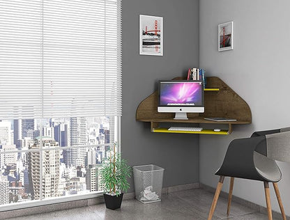Manhattan Comfort Bradley Mid Century Modern Home Office Floating Corner Desk with Keyboard Shelf, 43.98", Rustic Brown/Yellow