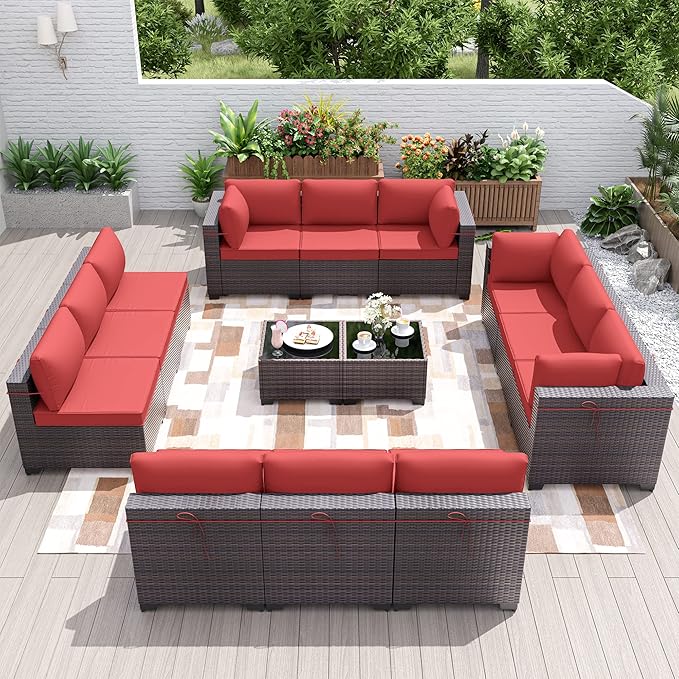Patio Furniture Set 14-Pieces Outdoor Furniture for Backyard Wicker Sectional Sofa Set, Rattan Patio Conversation Set with Thickened Cushions and Glass Coffee Table, Red